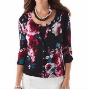 WHBM White House Black Market Black Floral Lightweight Cardigan Sweater Sml VGC